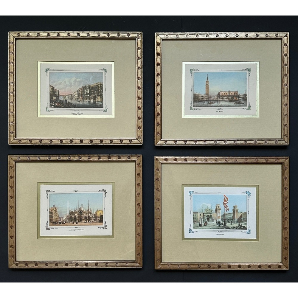 Set of 4 L Premazzi Venice Italy Lithograph Prints Framed Gold Ornate 12.5x10.5